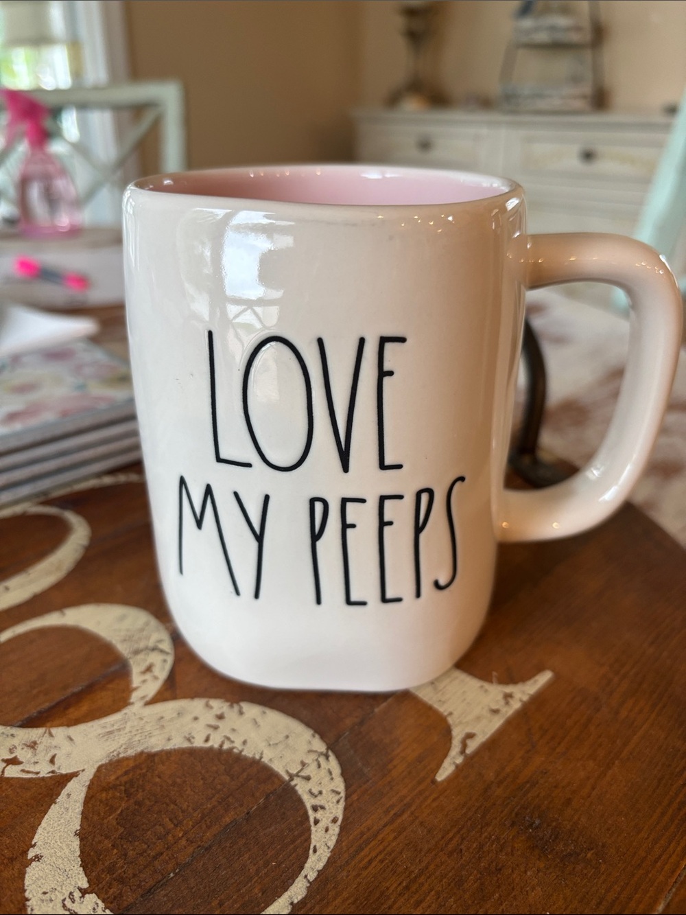 Rae Dunn White Ceramic Mug with Pink Interior - LOVE MY PEEPS